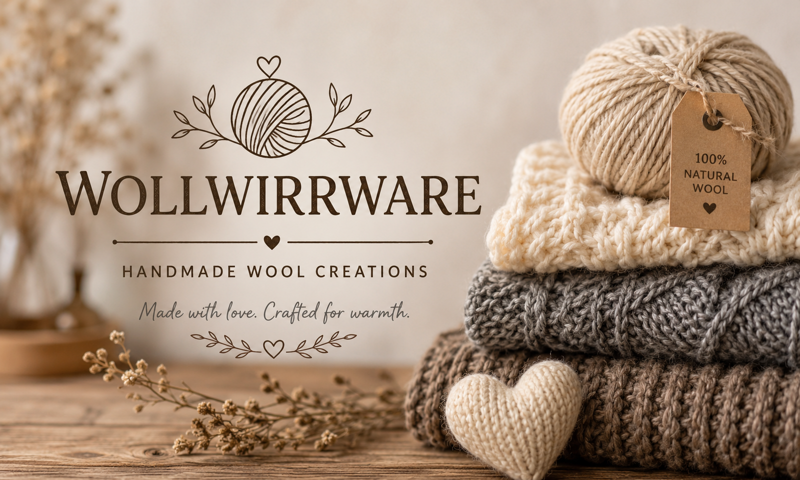 Wollwirrware handmade wool creations displayed on a wooden table